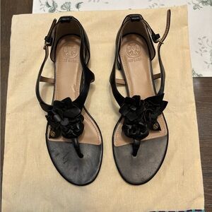 Tory Burch Size 7 Black Nappa Leather Blossom Sandals 39273